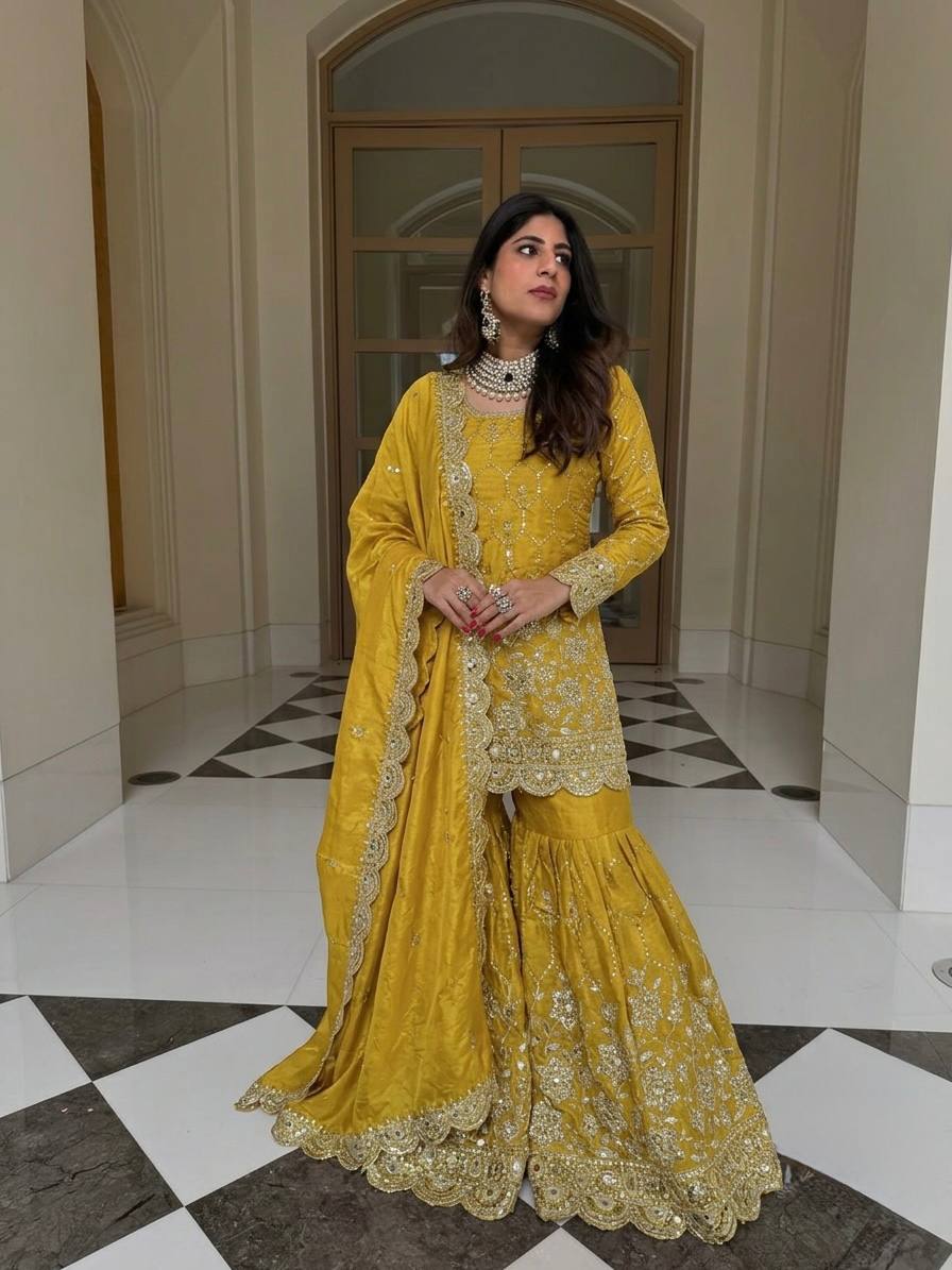 Yankita Kapoor Wear Yellow Color Silk Mirror Handwork Sharara Suit