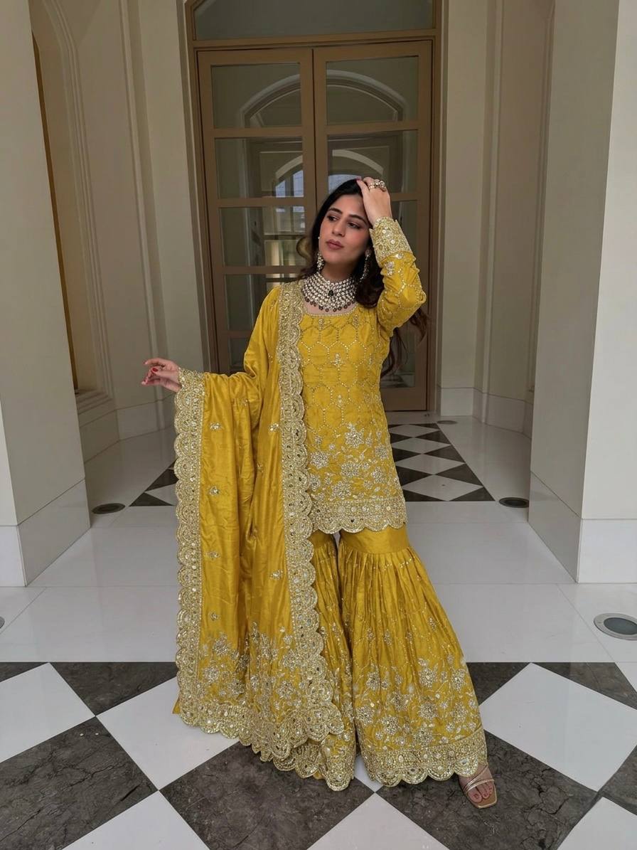 Yankita Kapoor Wear Yellow Color Silk Mirror Handwork Sharara Suit