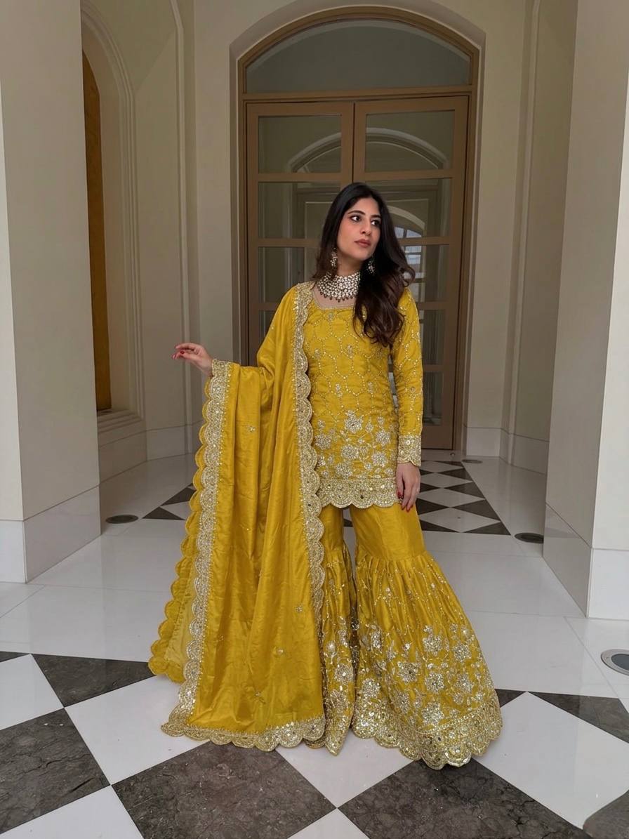 Yankita Kapoor Wear Yellow Color Silk Mirror Handwork Sharara Suit