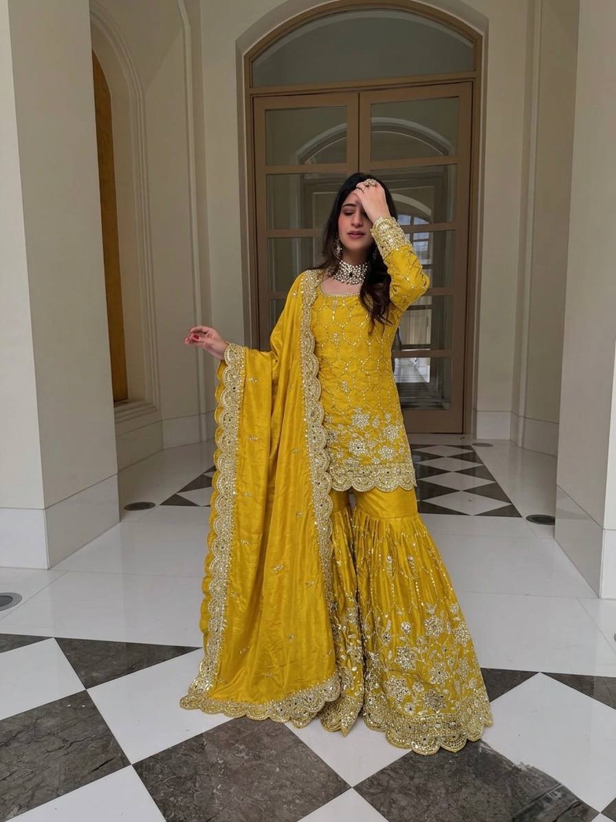 Yankita Kapoor Wear Yellow Color Silk Mirror Handwork Sharara Suit