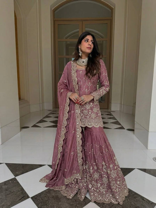 Yankita Kapoor Wear Dusty Peach Color Silk Mirror Handwork Sharara Suit