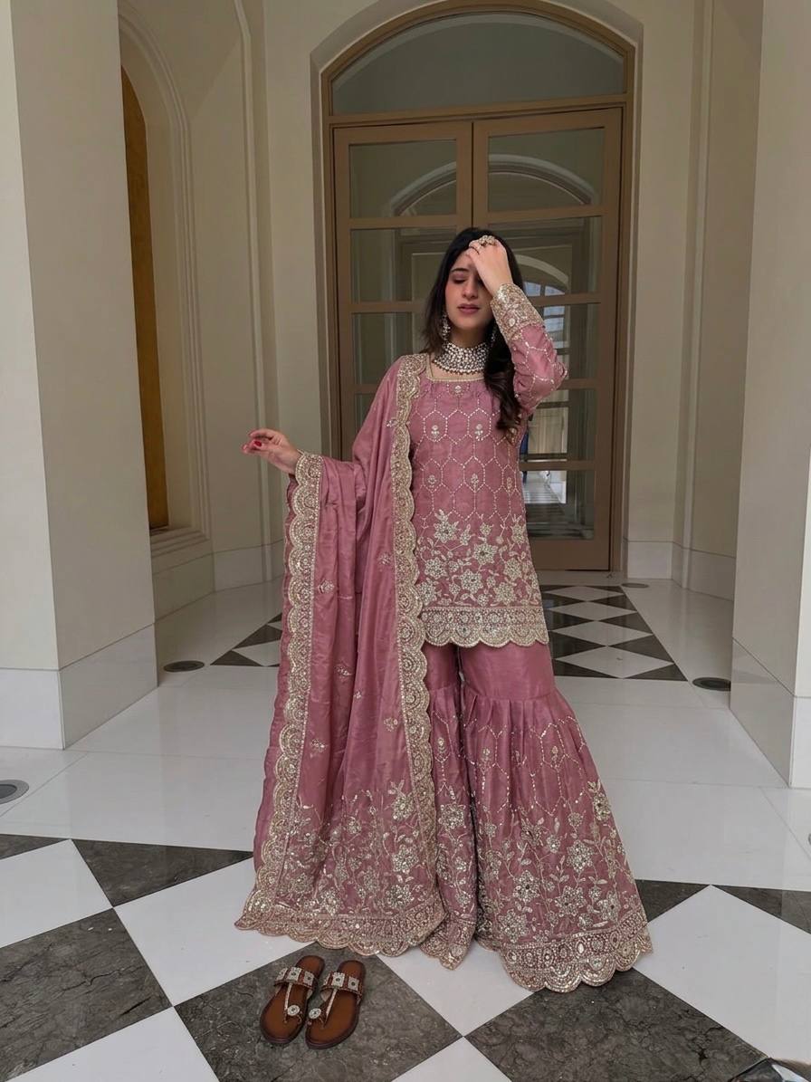 Yankita Kapoor Wear Dusty Peach Color Silk Mirror Handwork Sharara Suit