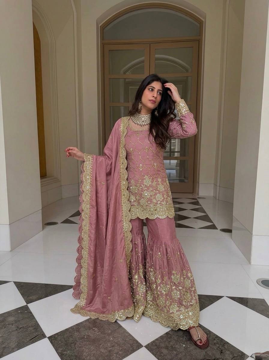 Yankita Kapoor Wear Dusty Peach Color Silk Mirror Handwork Sharara Suit