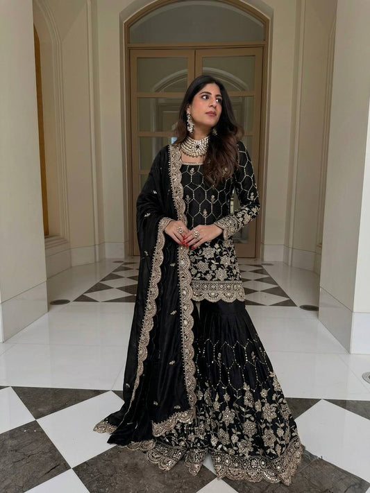 Yankita Kapoor Wear Black Color Silk Mirror Handwork Sharara Suit