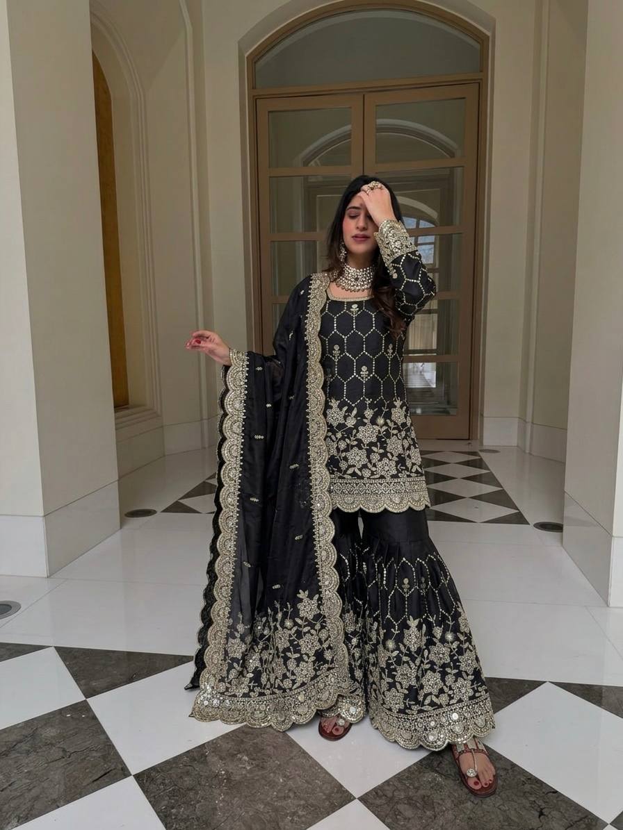 Yankita Kapoor Wear Black Color Silk Mirror Handwork Sharara Suit
