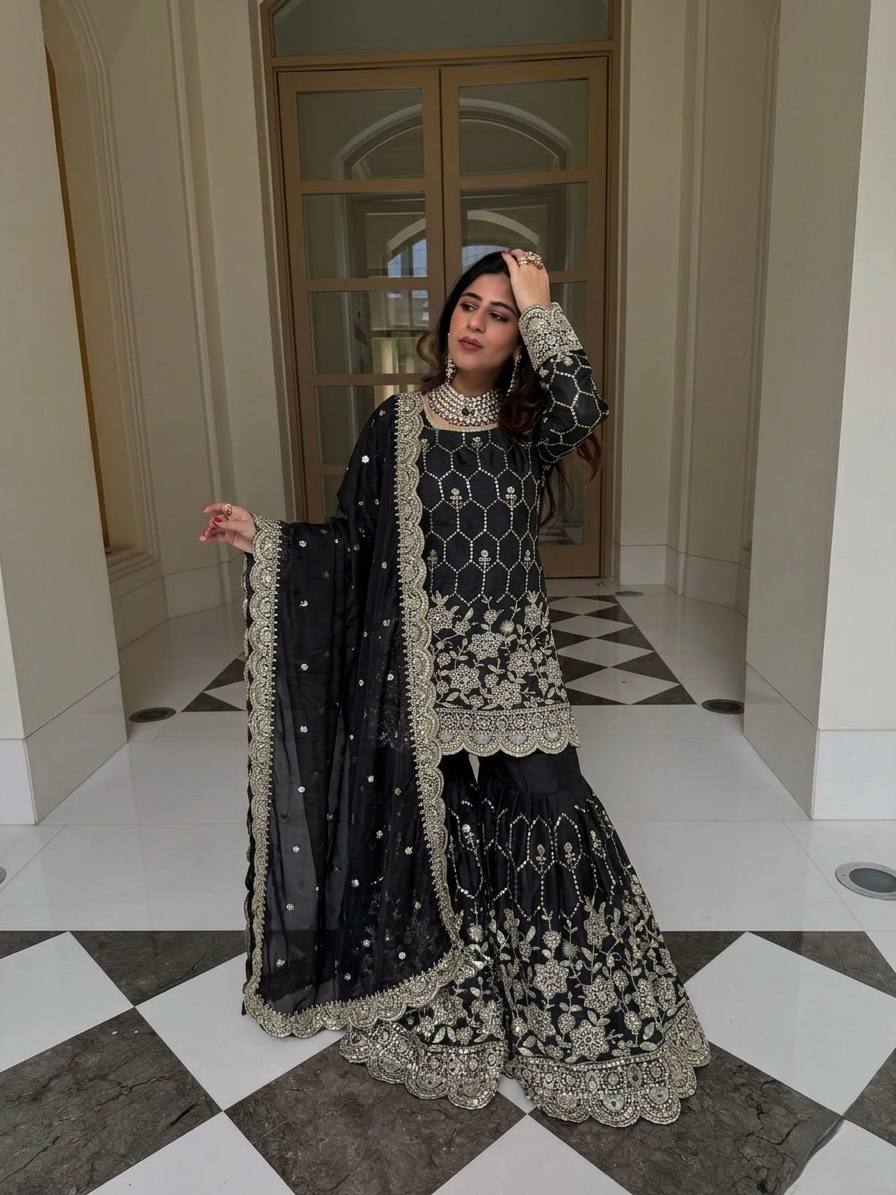 Yankita Kapoor Wear Black Color Silk Mirror Handwork Sharara Suit