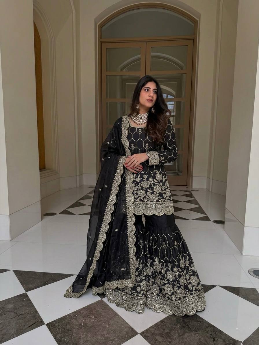 Yankita Kapoor Wear Black Color Silk Mirror Handwork Sharara Suit