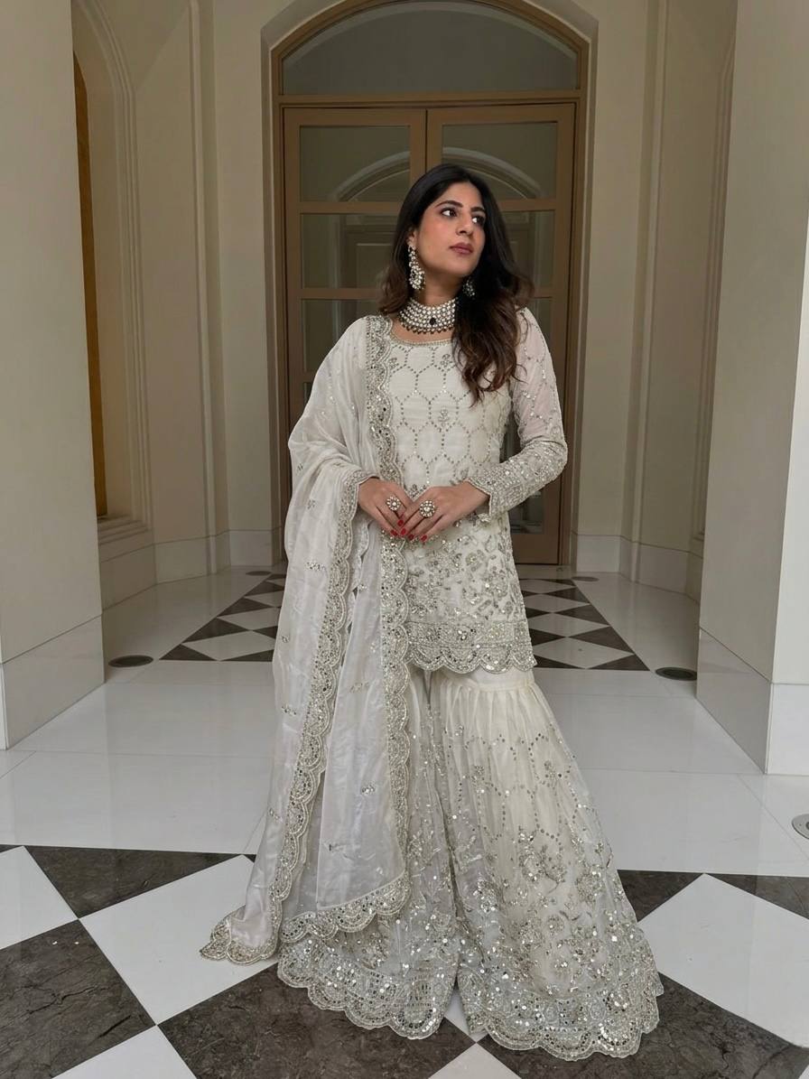 Yankita Kapoor Wear Off White Color Silk Mirror Handwork Sharara Suit