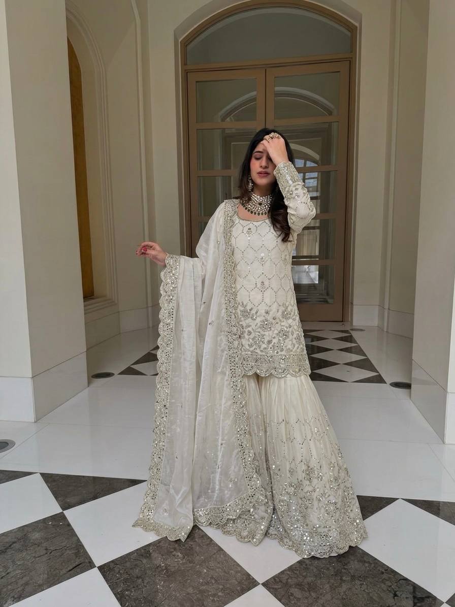 Yankita Kapoor Wear Off White Color Silk Mirror Handwork Sharara Suit