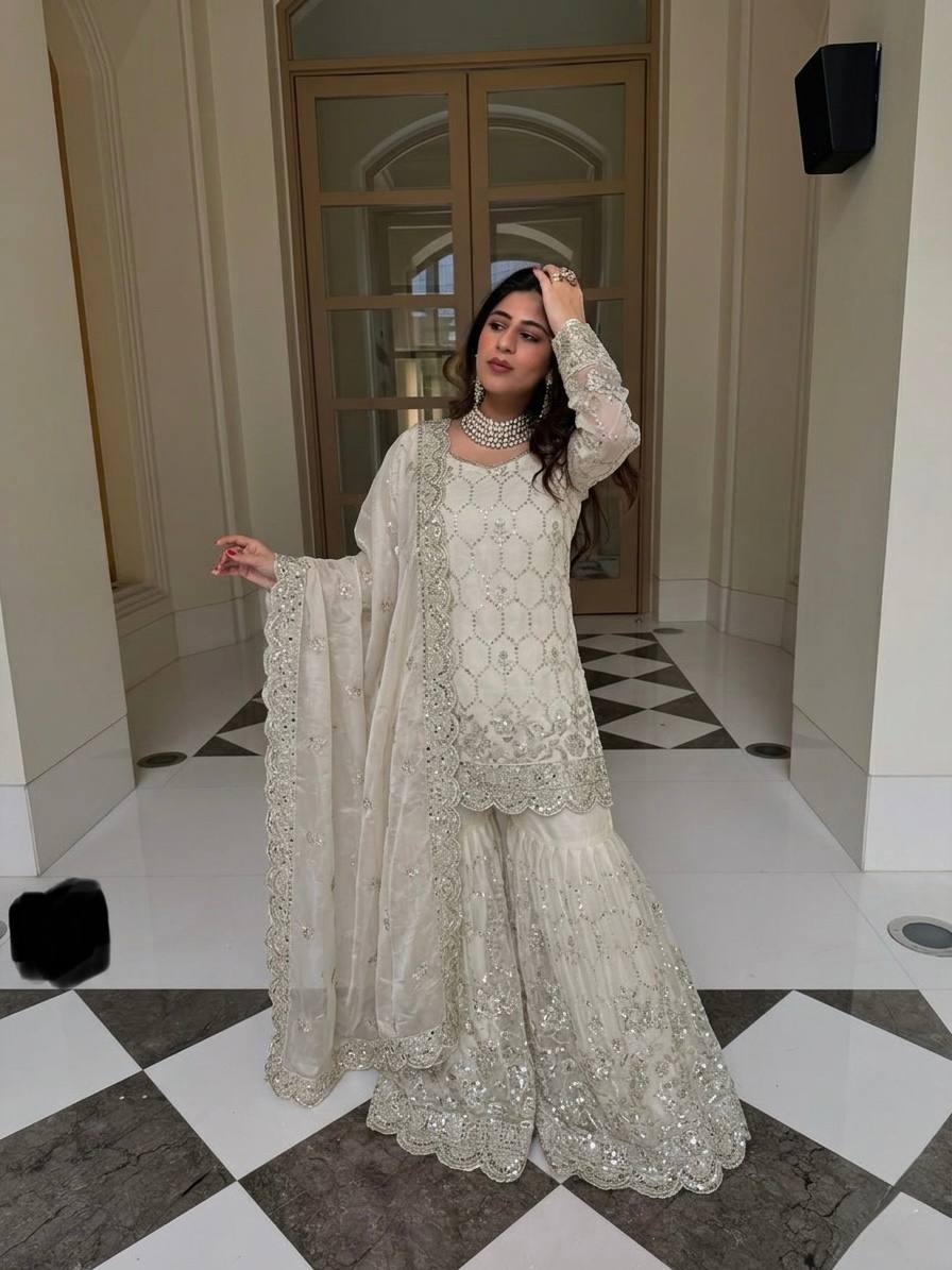 Yankita Kapoor Wear Off White Color Silk Mirror Handwork Sharara Suit