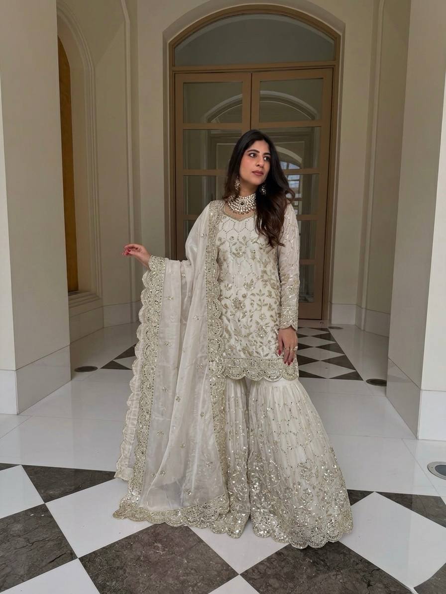Yankita Kapoor Wear Off White Color Silk Mirror Handwork Sharara Suit