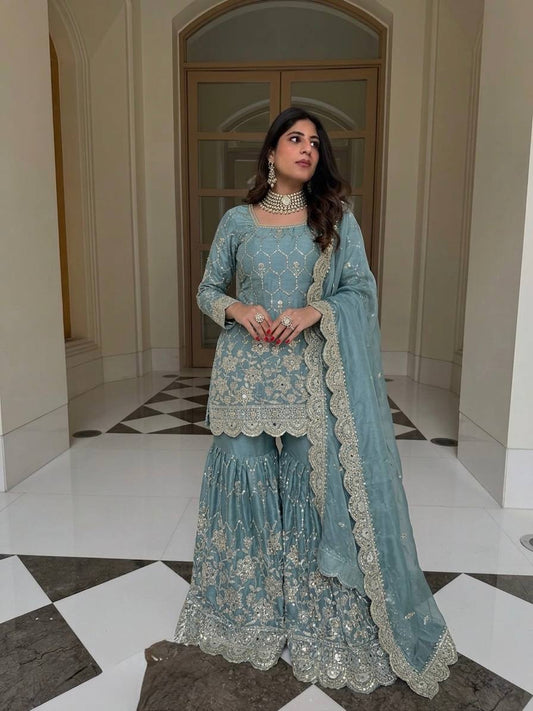 Yankita Kapoor Wear Aqua Green Color Silk Mirror Handwork Sharara Suit