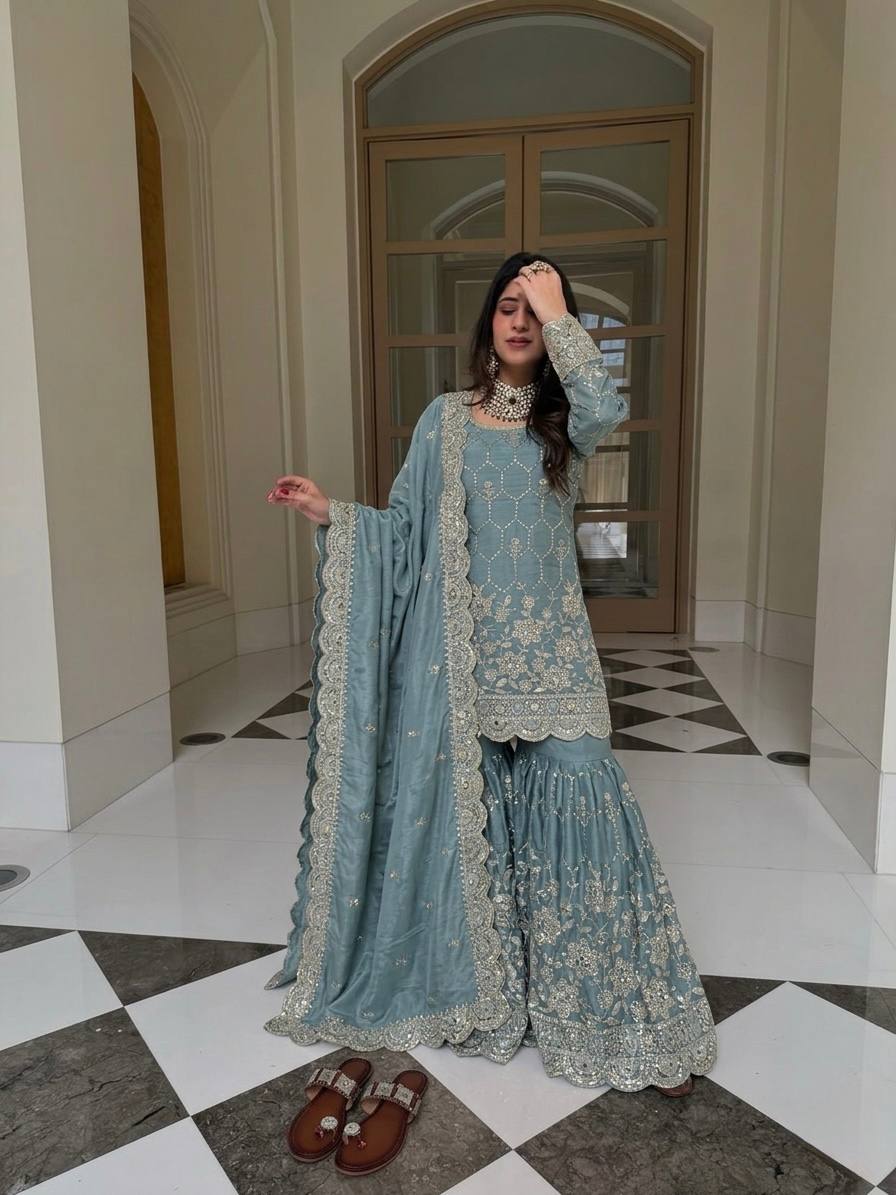 Yankita Kapoor Wear Aqua Green Color Silk Mirror Handwork Sharara Suit