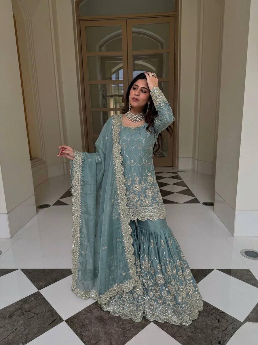 Yankita Kapoor Wear Aqua Green Color Silk Mirror Handwork Sharara Suit