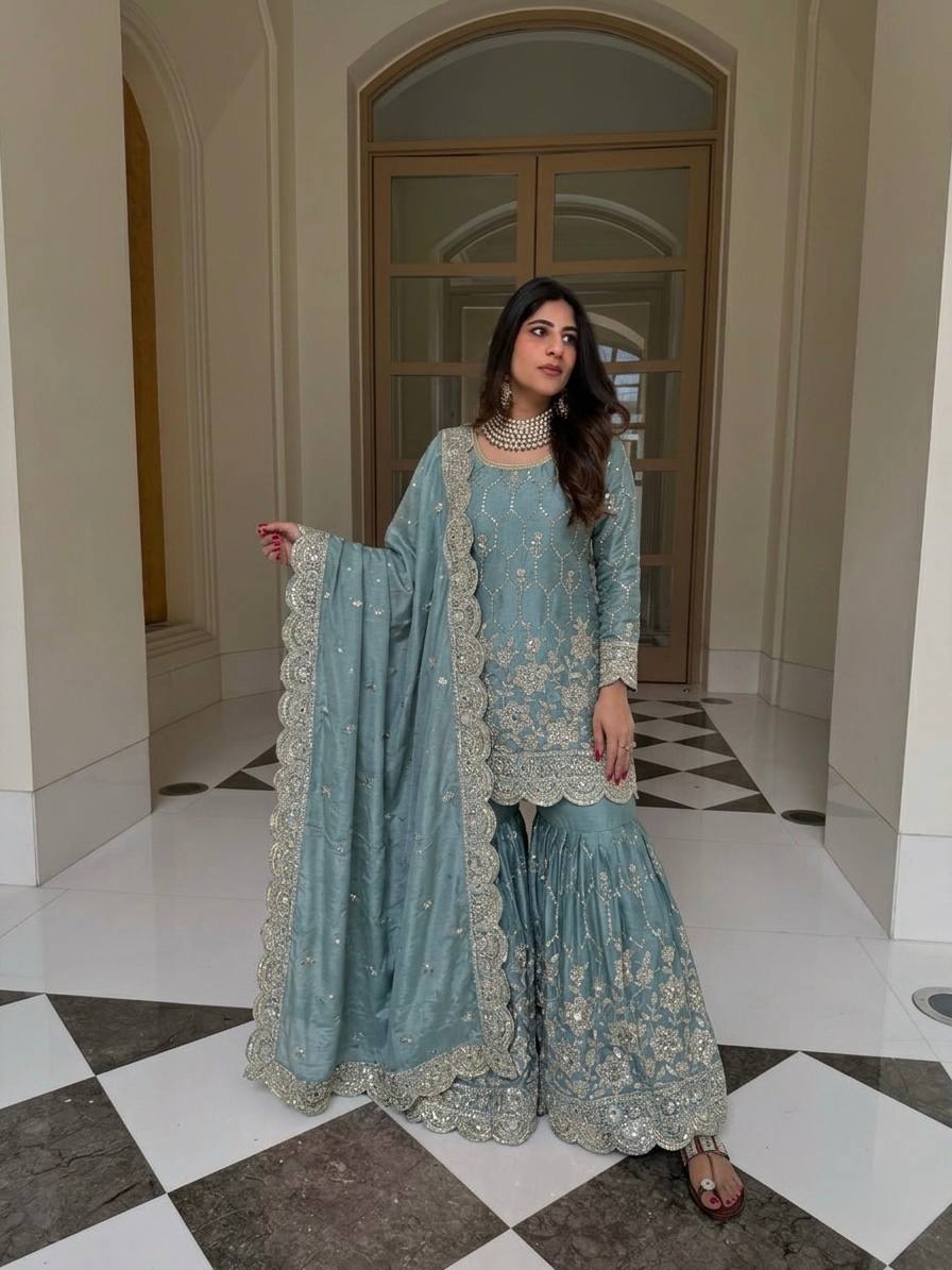Yankita Kapoor Wear Aqua Green Color Silk Mirror Handwork Sharara Suit