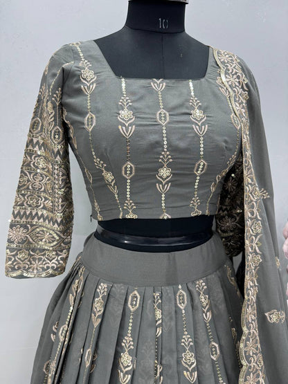 Alluring Grey Color Georgette Heavy Embroidered Sequence Work Designer Lehenga Choli