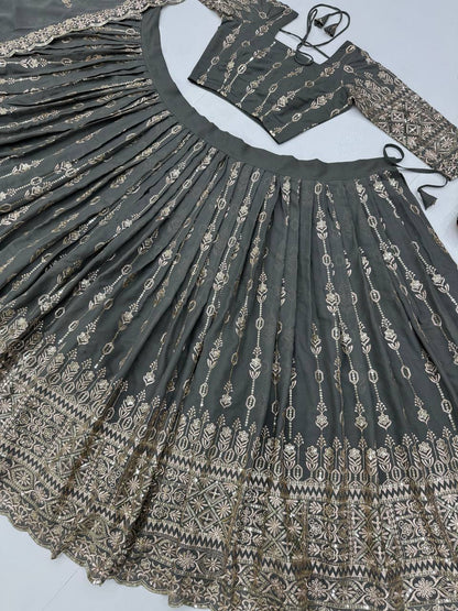 Alluring Grey Color Georgette Heavy Embroidered Sequence Work Designer Lehenga Choli