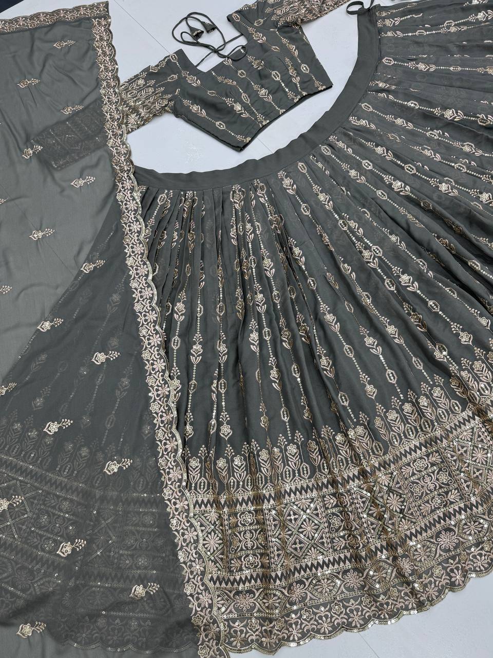 Alluring Grey Color Georgette Heavy Embroidered Sequence Work Designer Lehenga Choli