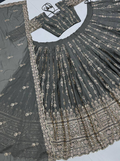 Alluring Grey Color Georgette Heavy Embroidered Sequence Work Designer Lehenga Choli