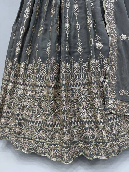 Alluring Grey Color Georgette Heavy Embroidered Sequence Work Designer Lehenga Choli