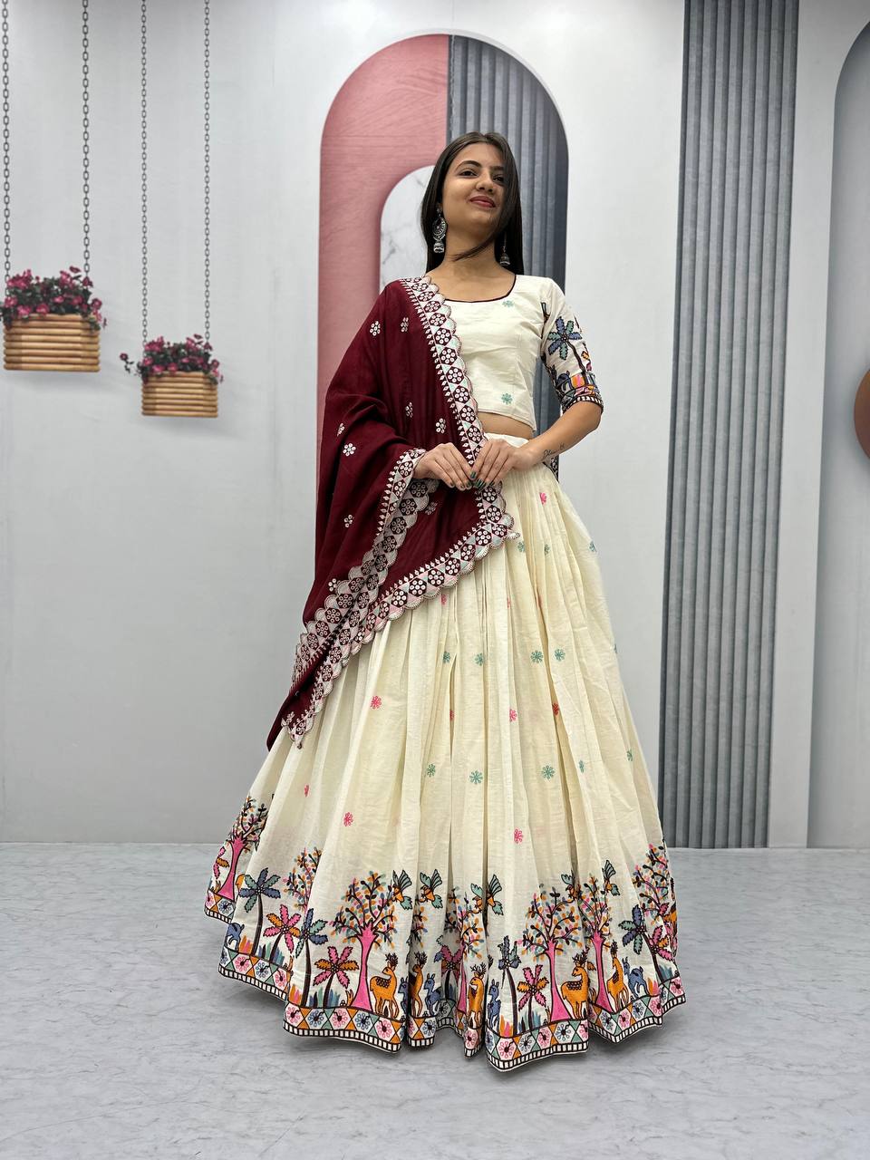 Wedding Wear Maroon Color Pure Cotton With Embroidery Chain Work Lehenga Choli