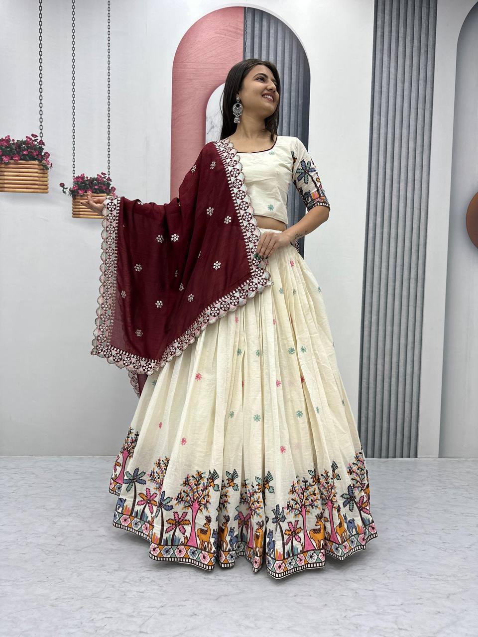 Wedding Wear Maroon Color Pure Cotton With Embroidery Chain Work Lehenga Choli