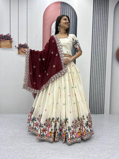 Wedding Wear Maroon Color Pure Cotton With Embroidery Chain Work Lehenga Choli