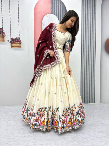 Wedding Wear Maroon Color Pure Cotton With Embroidery Chain Work Lehenga Choli
