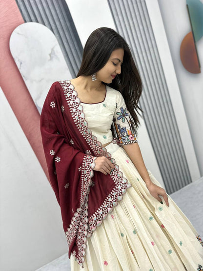Wedding Wear Maroon Color Pure Cotton With Embroidery Chain Work Lehenga Choli