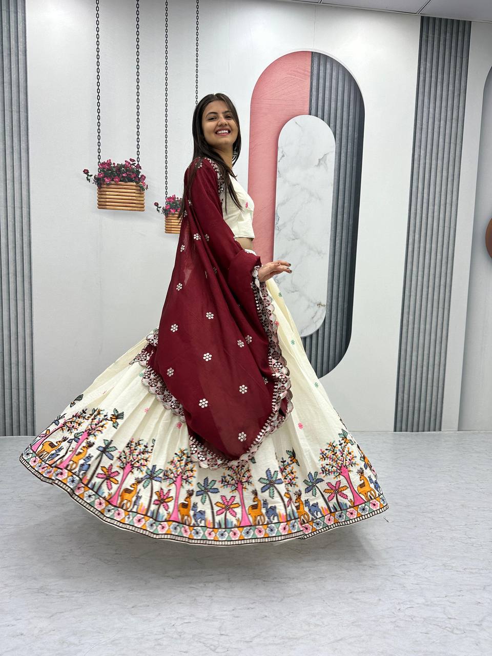 Wedding Wear Maroon Color Pure Cotton With Embroidery Chain Work Lehenga Choli