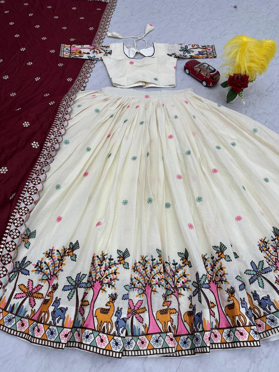 Wedding Wear Maroon Color Pure Cotton With Embroidery Chain Work Lehenga Choli