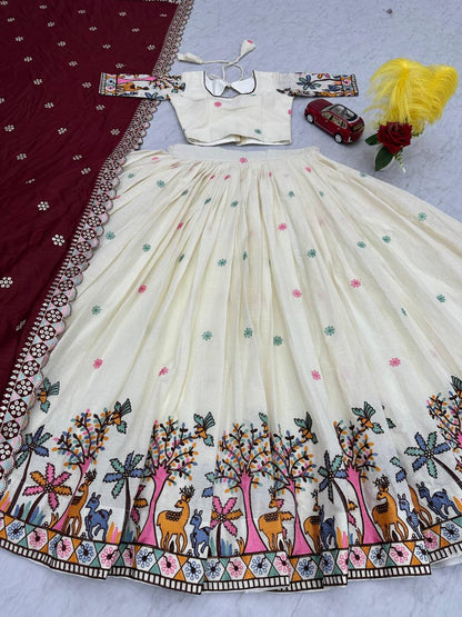 Wedding Wear Maroon Color Pure Cotton With Embroidery Chain Work Lehenga Choli