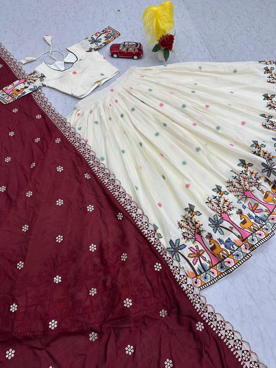 Wedding Wear Maroon Color Pure Cotton With Embroidery Chain Work Lehenga Choli