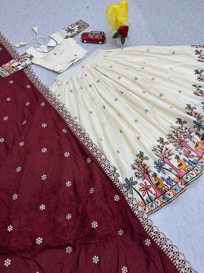 Wedding Wear Maroon Color Pure Cotton With Embroidery Chain Work Lehenga Choli