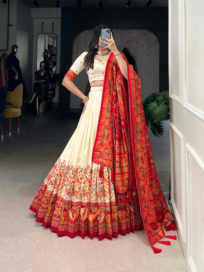Occasion Wear Off White Color Tussar Silk And Printed With Foil Work Designer Lehenga Choli