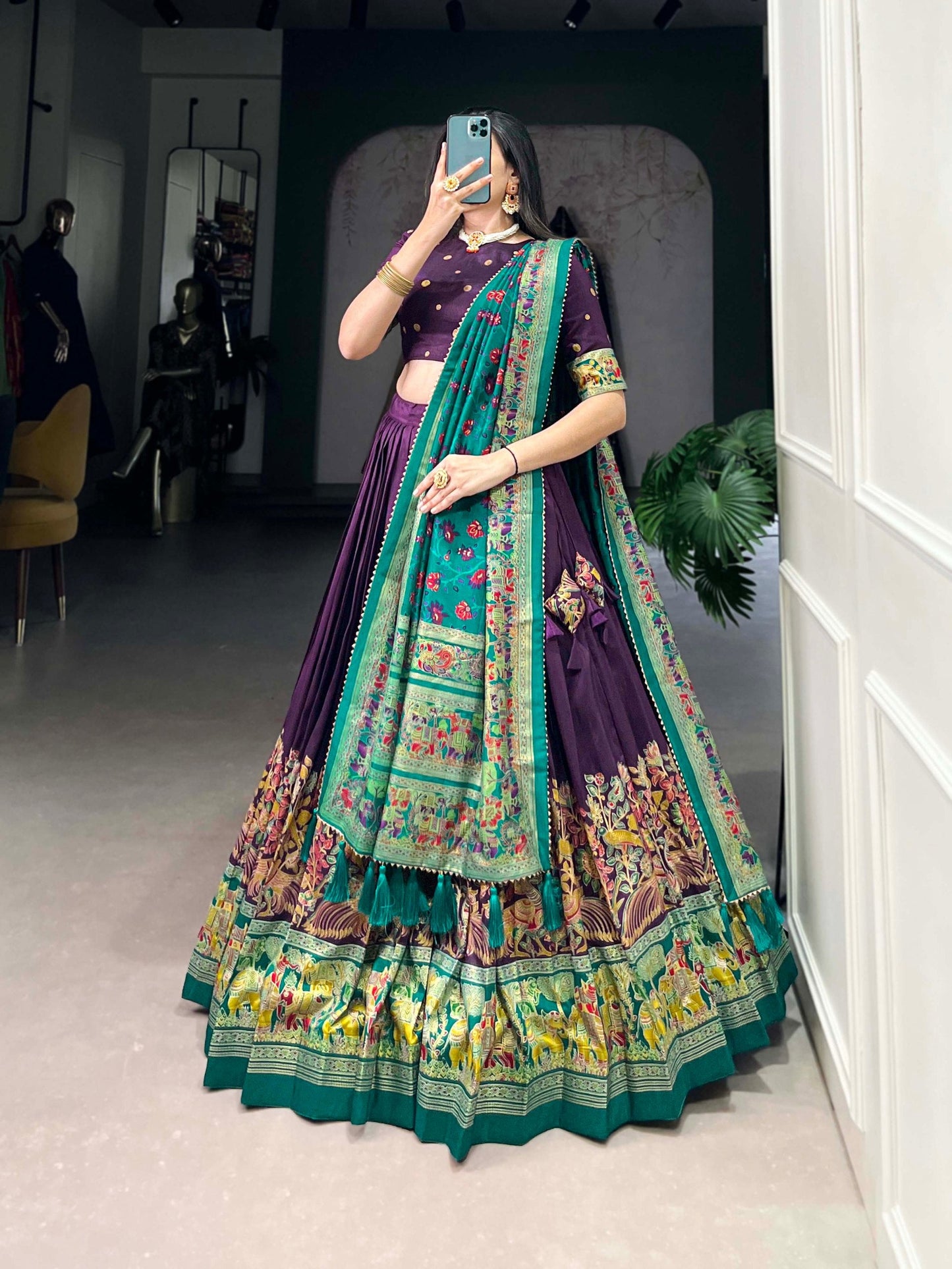 Occasion Wear Purple Color Tussar Silk And Printed With Foil Work Designer Lehenga Choli