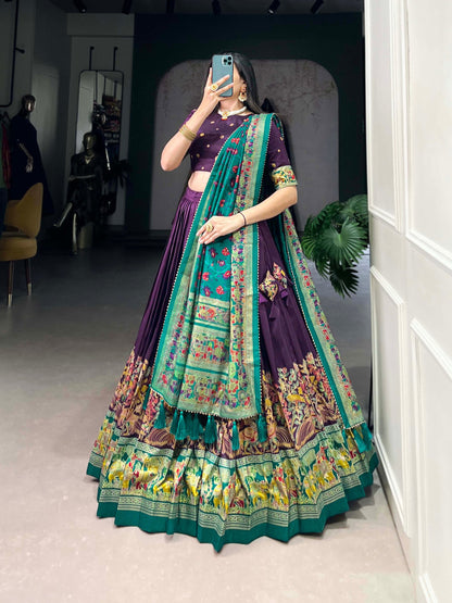 Occasion Wear Purple Color Tussar Silk And Printed With Foil Work Designer Lehenga Choli