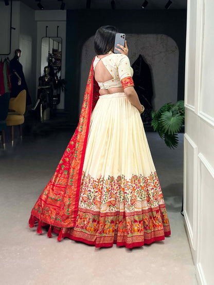 Occasion Wear Off White Color Tussar Silk And Printed With Foil Work Designer Lehenga Choli