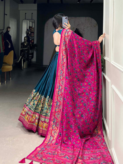 Occasion Wear Teal Color Tussar Silk And Printed With Foil Work Designer Lehenga Choli