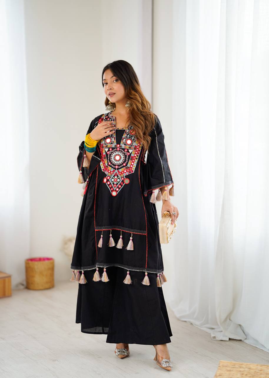 Fetive Wear Black Color Pure Khadi Cotton Embroidered Designer Co-ord Set