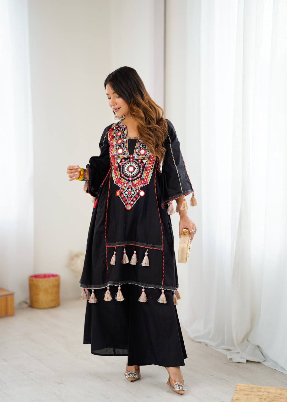 Fetive Wear Black Color Pure Khadi Cotton Embroidered Designer Co-ord Set