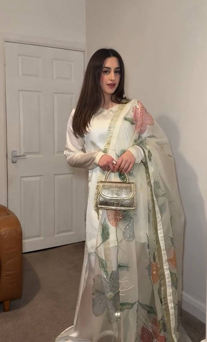 Fabulous Off White Color Heavy Japan Satin Silk Beautiful Salwar Suit