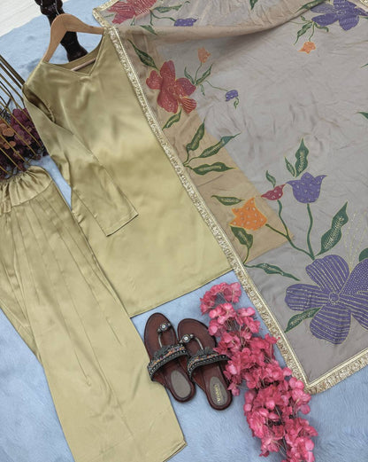 Stunning Cream Color Heavy Japan Satin Silk Beautiful Salwar Suit