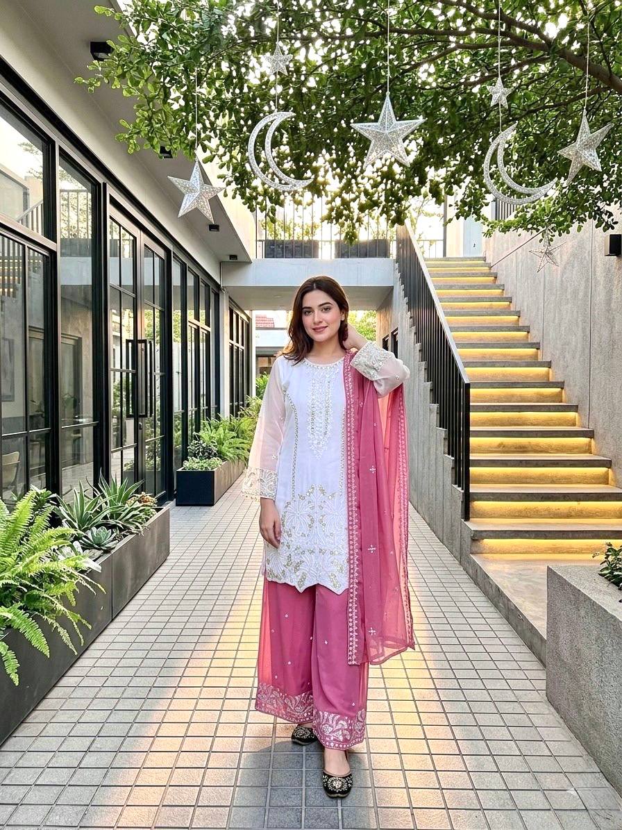 Pink Color Georgette Embroidery With Pearl Moti Handwork Palazzo Suit