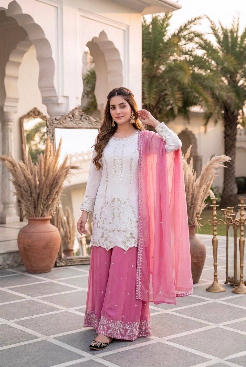 Pink Color Georgette Embroidery With Pearl Moti Handwork Palazzo Suit