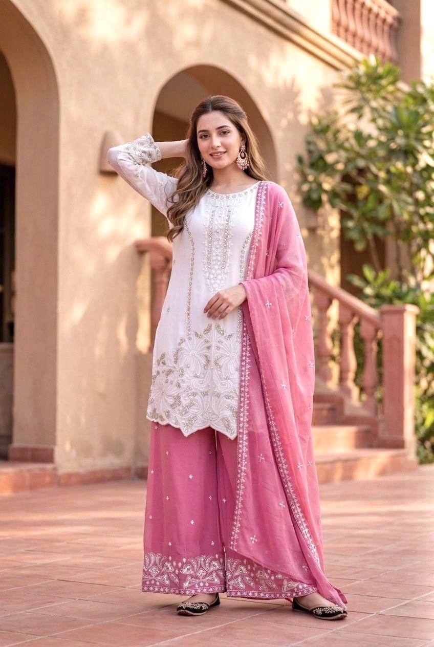 Pink Color Georgette Embroidery With Pearl Moti Handwork Palazzo Suit