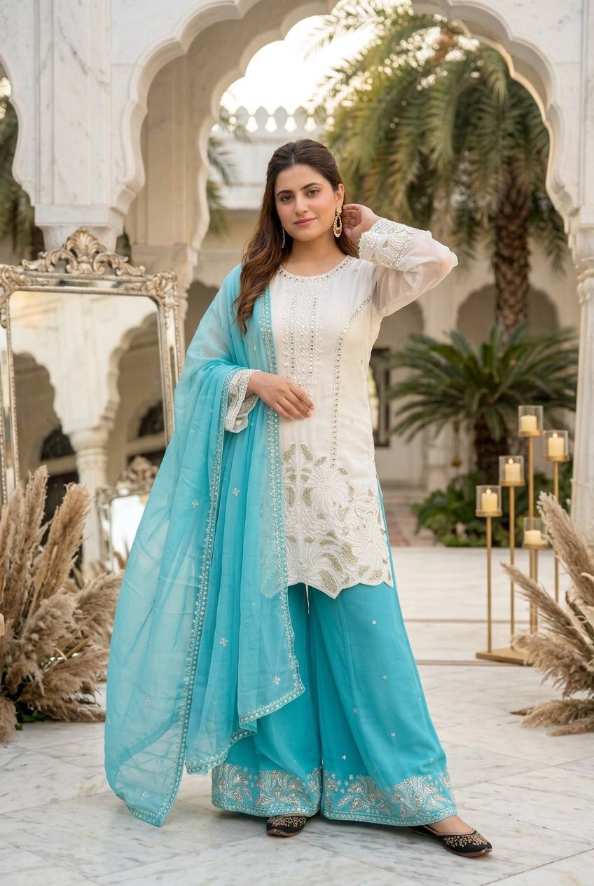 Sky Color Georgette Embroidery With Pearl Moti Handwork Palazzo Suit