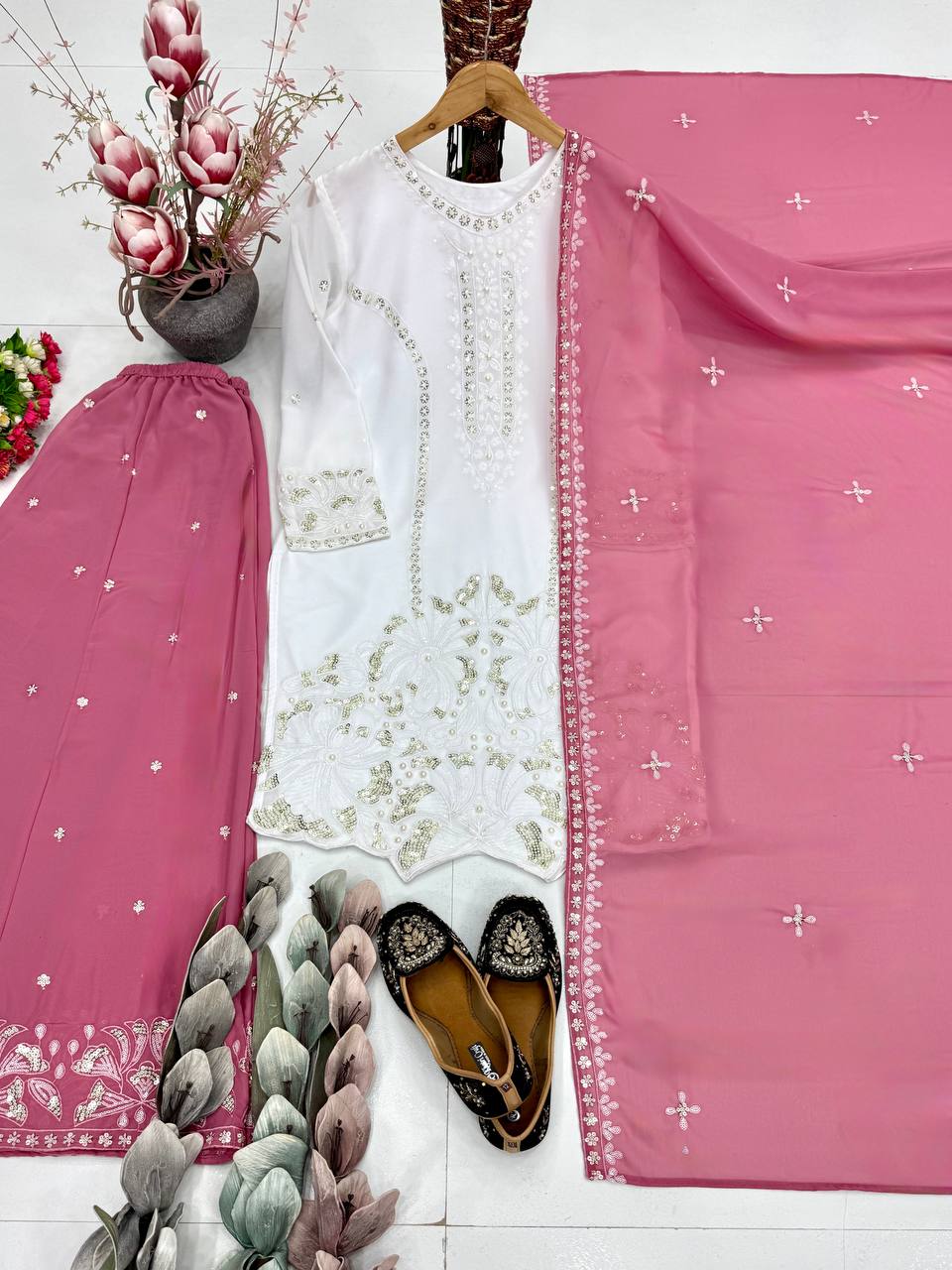 Pink Color Georgette Embroidery With Pearl Moti Handwork Palazzo Suit