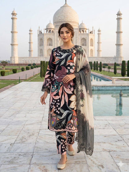 Designer Black Color Printed Maslin Embroidered Salwar Suit Set