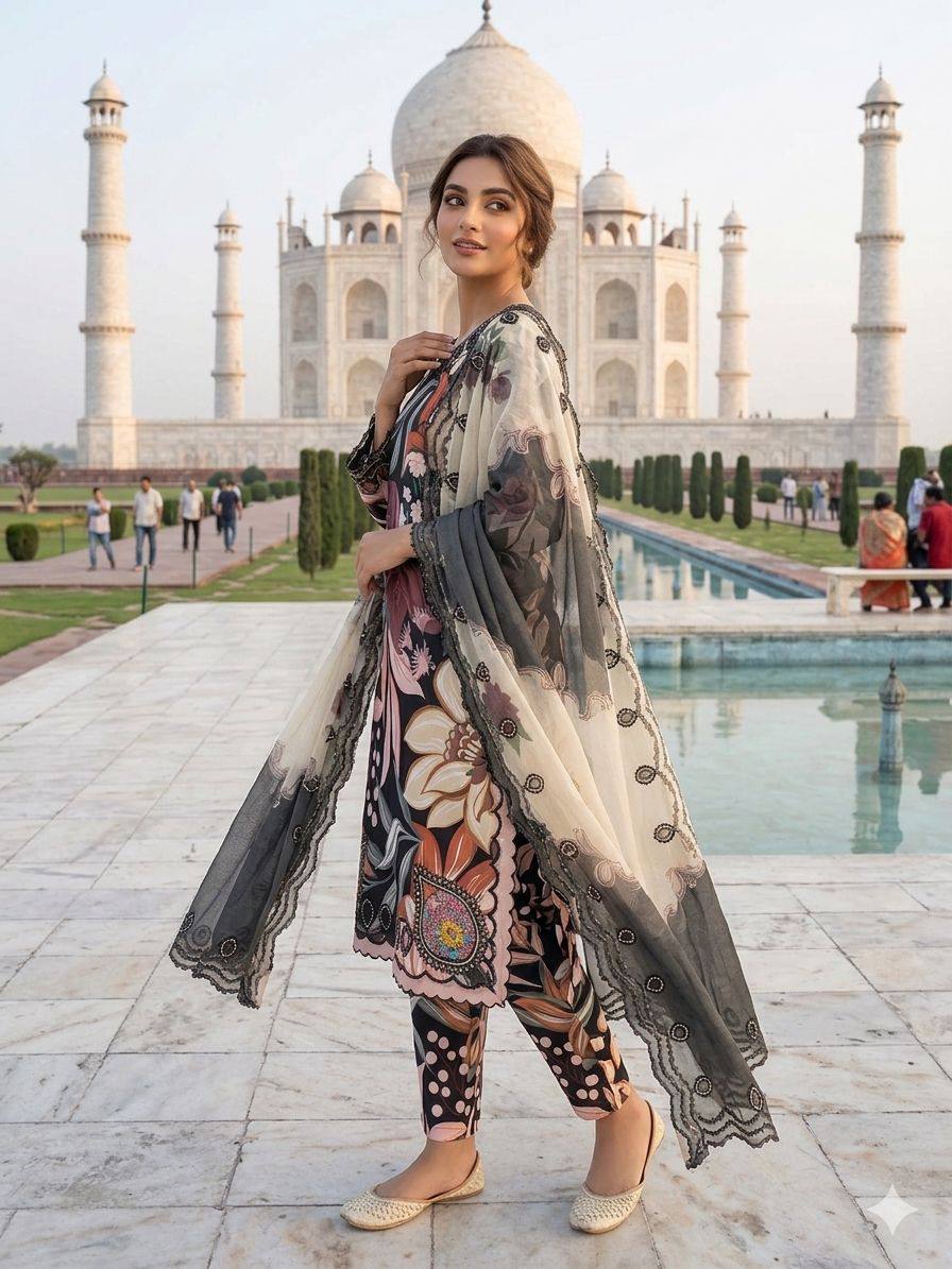 Designer Black Color Printed Maslin Embroidered Salwar Suit Set